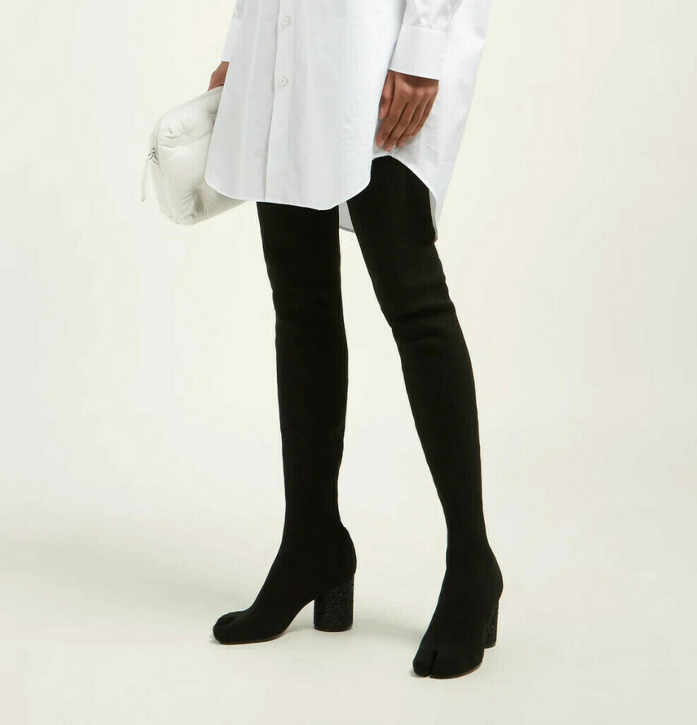 thigh high knit sock blk heel boots 36 